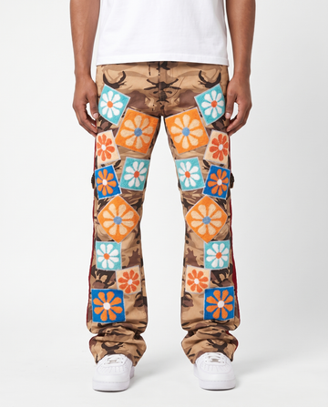 CAMO MULTI CHENILLE FLORAL PATCH DENIM PANTS (TAN)