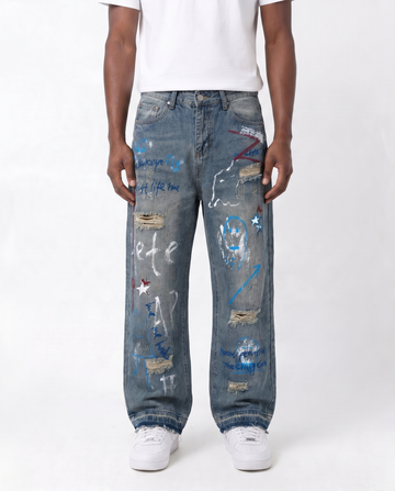 BAGGY BLUE SPRAY PAINT WATSON DENIM PANTS
