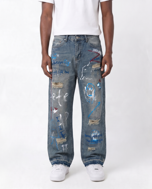 BAGGY BLUE SPRAY PAINT WATSON DENIM PANTS