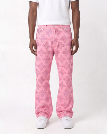 CROSS RHINESTONE STACKED DENIM PANTS (PINK)