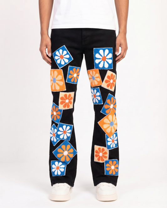 CHENILLE FLOWER STACKED DENIM PANTS (BLACK WASH)
