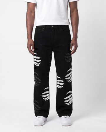 SKELETON STACKED DENIM PANTS (BLACK)