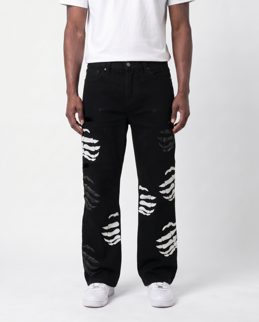 SKELETON STACKED DENIM PANTS (BLACK)