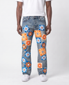 CHENILLE FLOWER STACKED DENIM PANTS (MEDIUM WASH)
