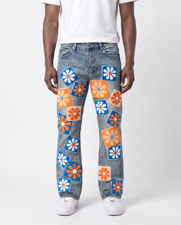 CHENILLE FLOWER STACKED DENIM PANTS (MEDIUM WASH)
