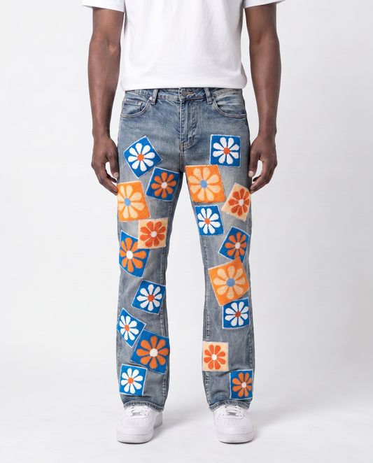 CHENILLE FLOWER STACKED DENIM PANTS (MEDIUM WASH)