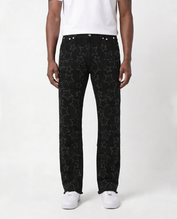 LEATHER STAR APPLIQUE STACKED DENIM PANTS (BLACK)