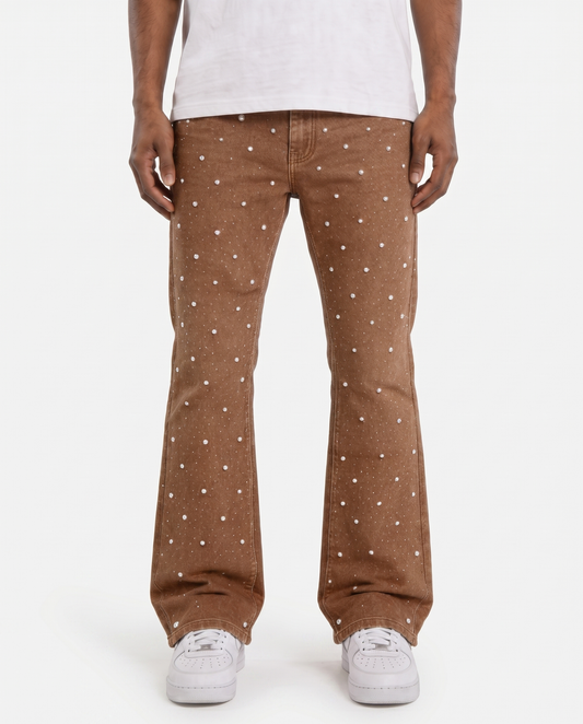 BROWN ALL OVER EMBELLISHED RHINESTONE CRYSTAL WATSON DENIM