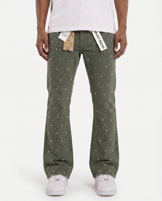 GREEN EMBELLISHED RHINESTONE CRYSTAL WATSON DENIM