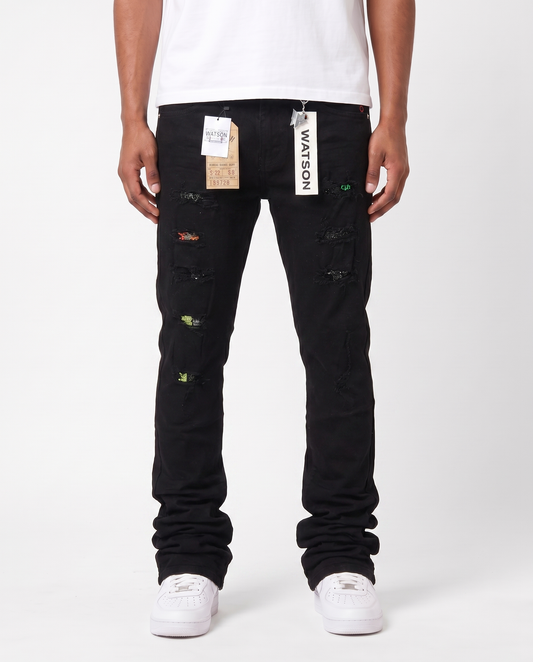 BLACK EMBELLISHED MULTI RIPPED WATSON DENIM