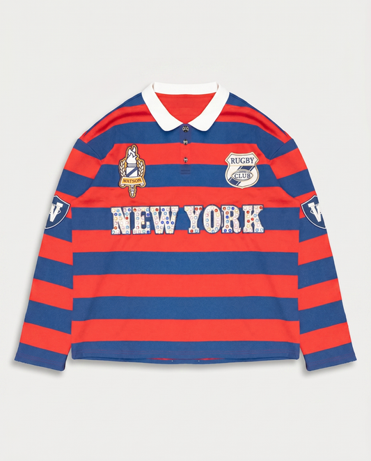 NEW YORK RHINESTONE STRIPED LONG SLEEVE RUGBY POLO (RED & BLUE)