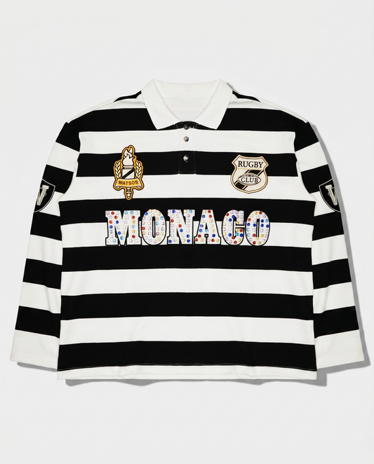MONACO RHINESTONE STRIPED LONG SLEEVE RUGBY POLO (BLACK/WHITE)