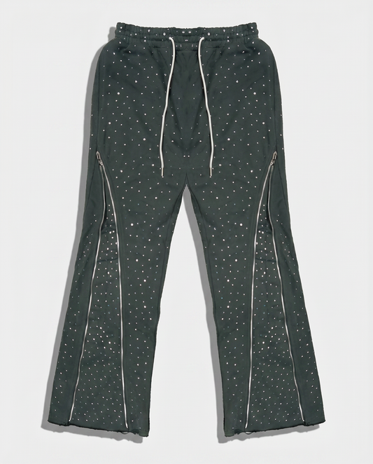CRYSTAL ZIP FLARE SWEATPANTS (CHARCOAL)