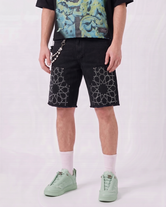 WATSON STAR RHINESTONE PATTERN BLACK DENIM SHORTS