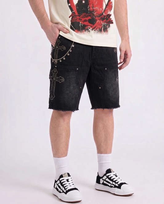 WATSON CROSS EMBELLISHED BLACK DENIM SHORTS