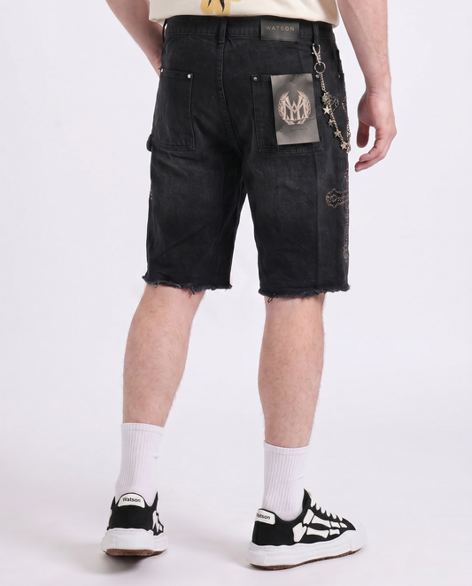 WATSON CROSS EMBELLISHED BLACK DENIM SHORTS