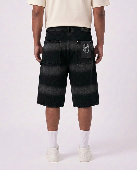 MULTI RHINESTONE BLACK DENIM CARPENTER SHORTS