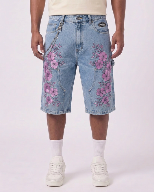 FLORAL LIGHT WASH DENIM CARPENTER SHORTS