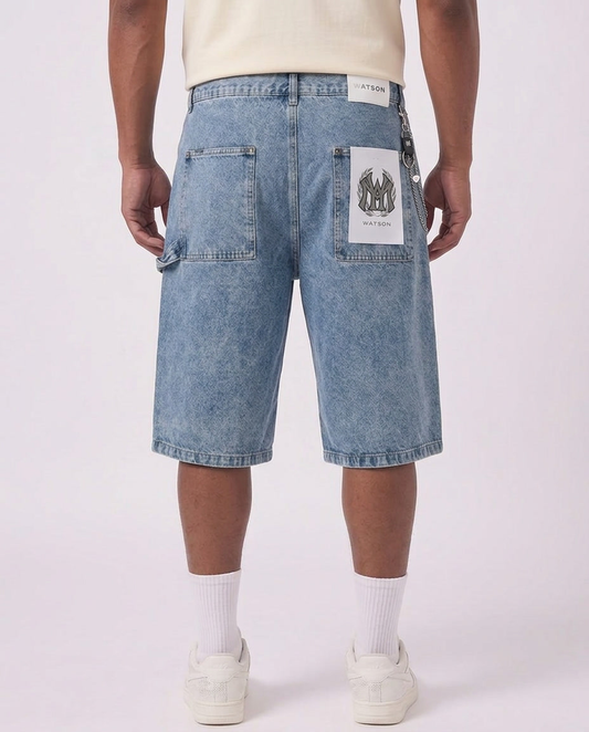FLORAL LIGHT WASH DENIM CARPENTER SHORTS