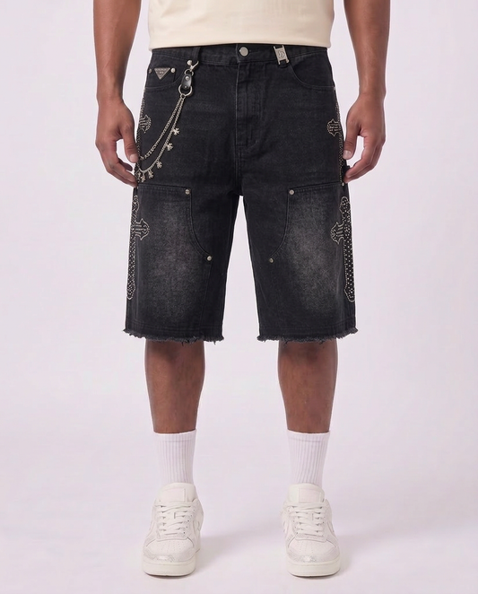 WATSON CROSS EMBELLISHED BLACK DENIM SHORTS