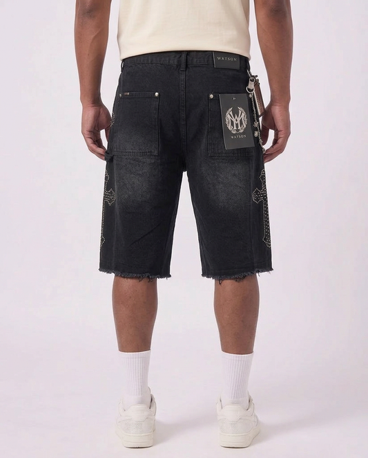 WATSON CROSS EMBELLISHED BLACK DENIM SHORTS