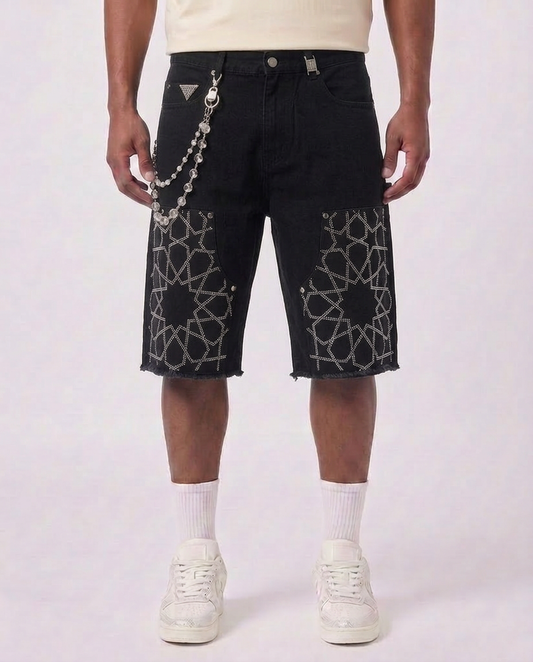 WATSON STAR RHINESTONE PATTERN BLACK DENIM SHORTS