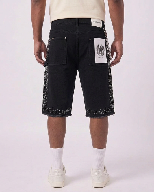 WATSON STAR RHINESTONE PATTERN BLACK DENIM SHORTS