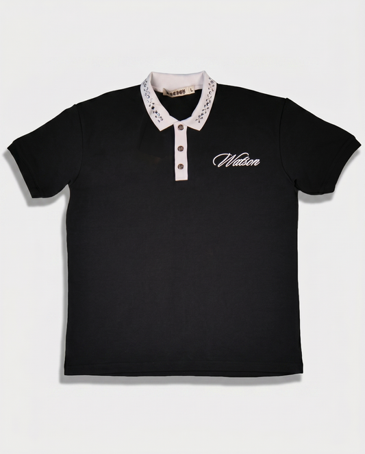 WATSON COLLAR EMBELLISHED BLACK POLO SHIRT