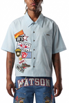 WATSON MULTI APPLIQUE PATCHWORK LIGHT BLUE PINSTRIPE BUTTON DOWN SHIRT