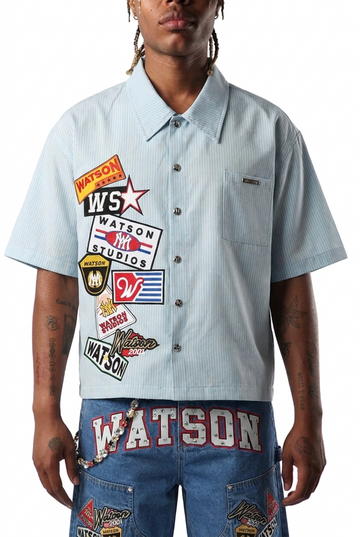 WATSON MULTI APPLIQUE PATCHWORK LIGHT BLUE PINSTRIPE BUTTON DOWN SHIRT
