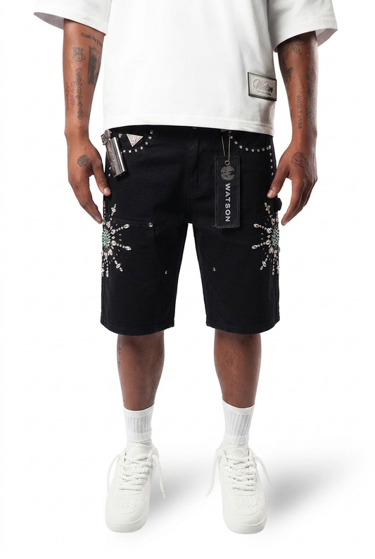 WATSON MANDALA STONES BLACK DENIM SHORTS