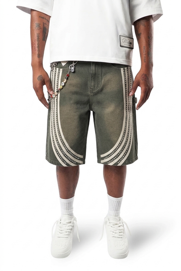 WATSON BENT STRIPES WITH RHINESTONES OLIVE DENIM SHORTS