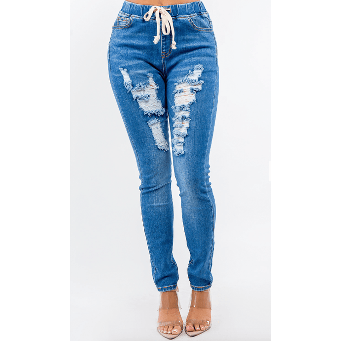 HIGH RISE DESTORYED WOMAN DENIM JOGGERS - Allstarelite.com