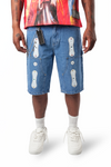 WATSON TWILL PATCH WITH EMBELLISHMENT LIGHT WASH DENIM SHORTS