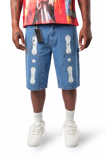 WATSON TWILL PATCH WITH EMBELLISHMENT LIGHT WASH DENIM SHORTS