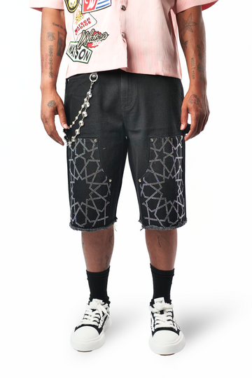 WATSON STAR RHINESTONE PATTERN BLACK DENIM SHORTS
