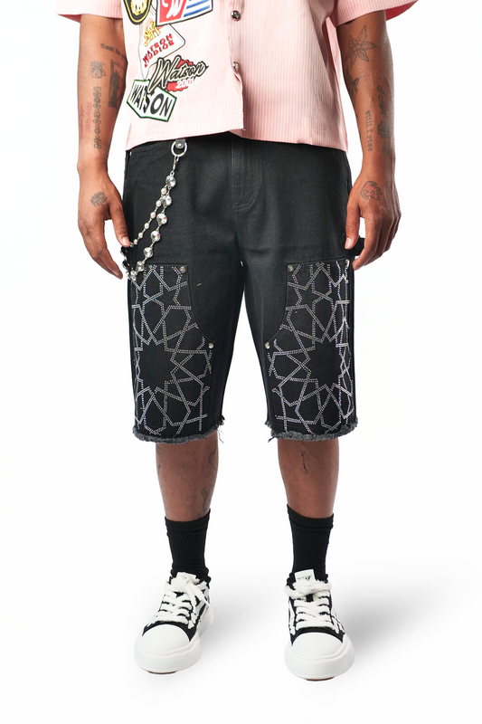 WATSON STAR RHINESTONE PATTERN BLACK DENIM SHORTS