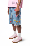 WATSON CROCHET FLOWER LIGHT WASH DENIM SHORTS