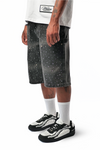 MULTI RHINESTONE BLACK DENIM CARPENTER SHORTS