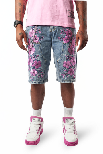 FLORAL LIGHT WASH DENIM CARPENTER SHORTS