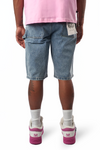 FLORAL LIGHT WASH DENIM CARPENTER SHORTS