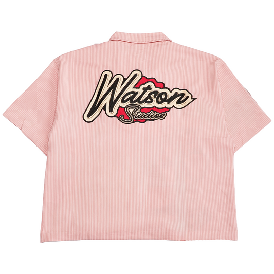 WATSON MULTI APPLIQUE PATCHWORK LIGHT PINK PINSTRIPE BUTTON DOWN SHIRT