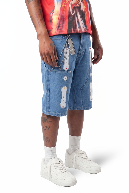 WATSON TWILL PATCH WITH EMBELLISHMENT LIGHT WASH DENIM SHORTS