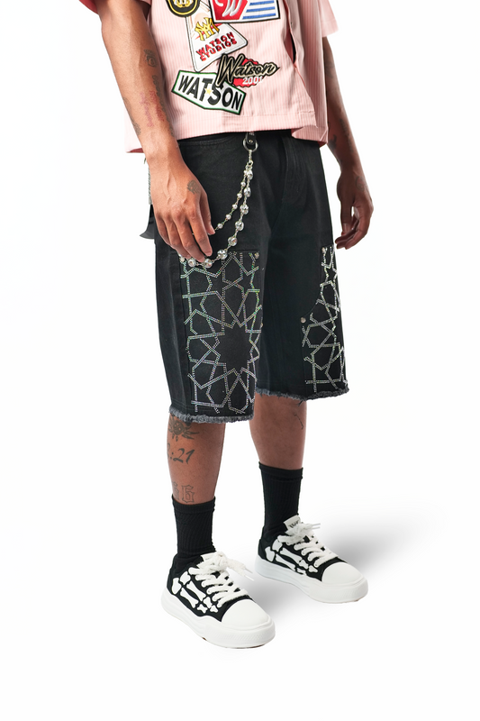 WATSON STAR RHINESTONE PATTERN BLACK DENIM SHORTS