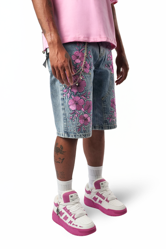FLORAL LIGHT WASH DENIM CARPENTER SHORTS