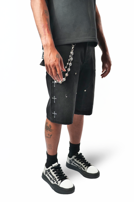 WATSON DIAMOND CROSS PIN BLACK DENIM SHORTS