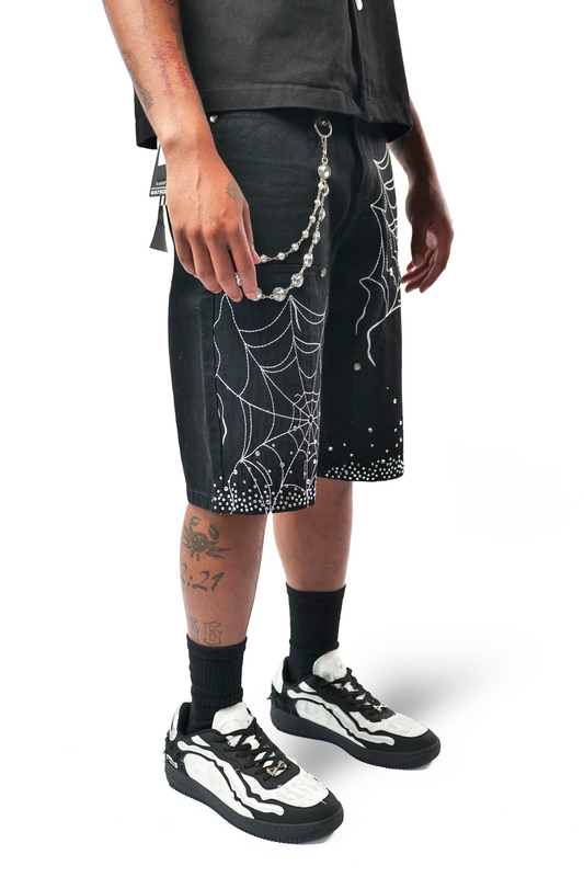 WATSON SPIDERWEB SINGLE STITCHED BLACK DENIM SHORTS