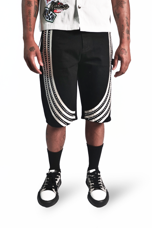 WATSON BENT STRIPES WITH RHINESTONES BLACK DENIM SHORTS
