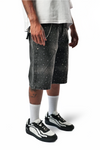 MULTI RHINESTONE BLACK DENIM CARPENTER SHORTS
