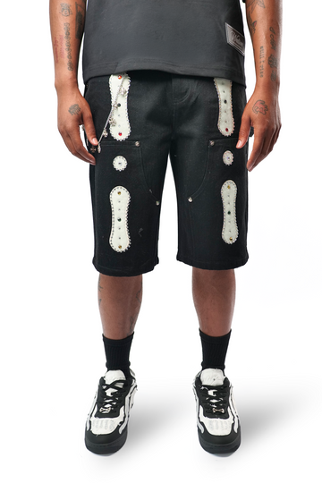 WATSON TWILL PATCH WITH EMBELLISHMENT BLACK DENIM SHORTS
